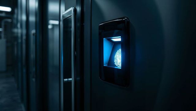 Biometric fingerprint scanner in modern data center corridor