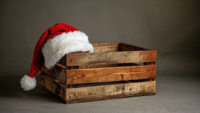 Rustic wooden crate featuring red santa hat draping over weathered slatted timber for xmas