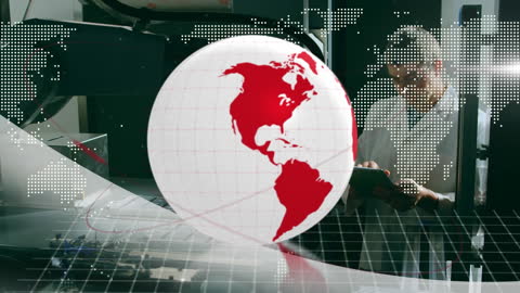 Globe with Scientist in Lab Represents Global Technology Innovation