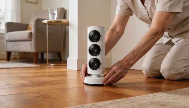 Senior woman installing vertical triple-lens home security camera on indoor hardwood floor