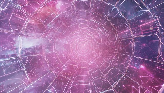 Futuristic neon tunnel in digital space with particles