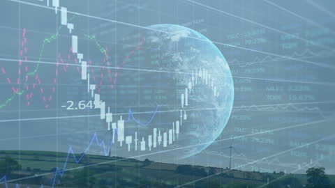 Digitally Generated Financial Data with Globe Overlay on Wind Turbine