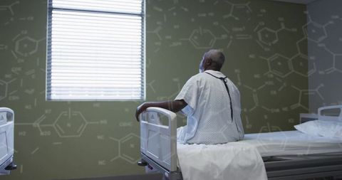Elderly man on hospital bed with overlay of chemical formulas