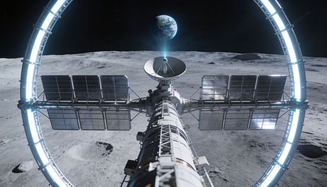Lunar Orbital Ring Station Beaming Blue Signal to Earth with Solar Arrays and Docking