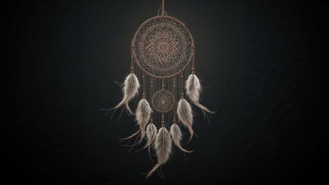 Intricate Dreamcatcher with Feathers Against Dark Background