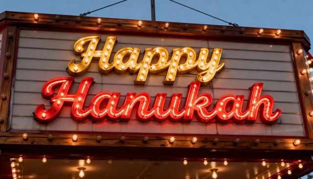Illuminating vintage marquee sign celebrating happy hanukah with warm bulb lights