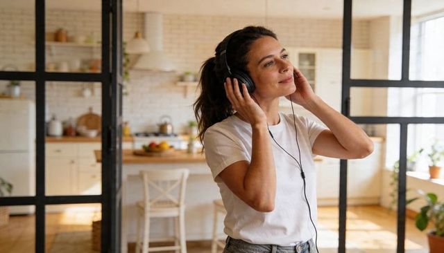 Woman listening to music with wired headphones in sunlit farmhouse kitchen relaxed lifestyle
