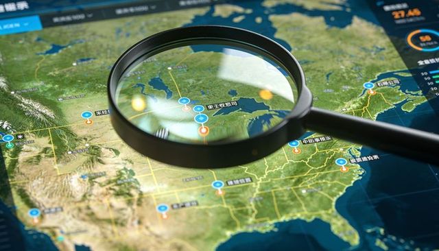 Magnifying glass zooming over north america map highlighting great lakes routes