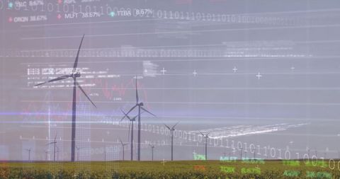 Wind Turbines in Field with Digital Stock Market Overlay