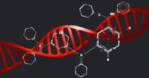 Red DNA Strand with Digital Chemical Structures Overlay