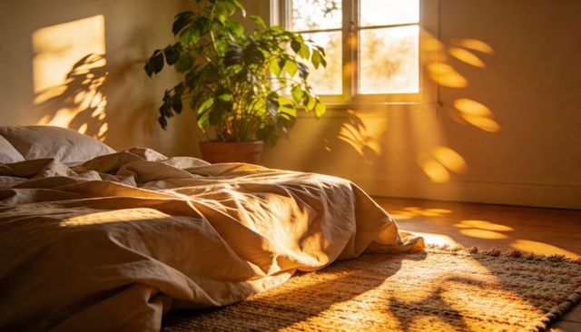 Sunlit unmade bed with golden morning rays, rumpled duvet and indoor plant
