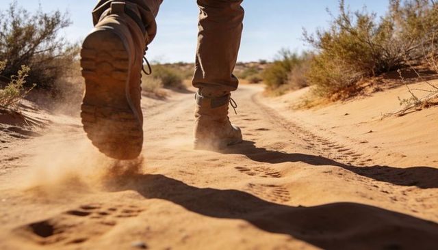 Desert hike boots kicking up dust on sandy trail with footprints and sunlit scrub