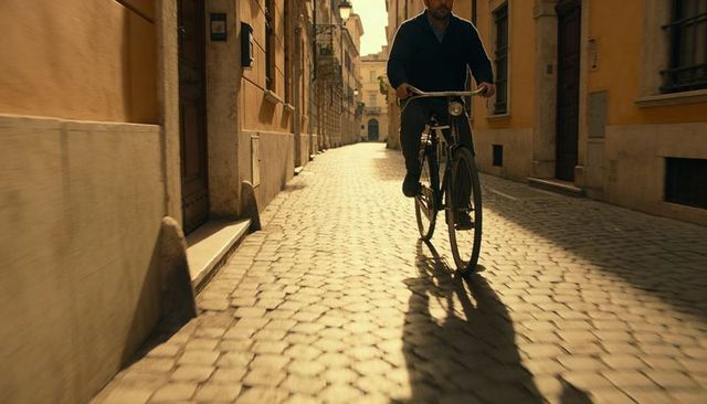 Riding cyclist on golden-hour cobblestone street — urban commute, long shadows
