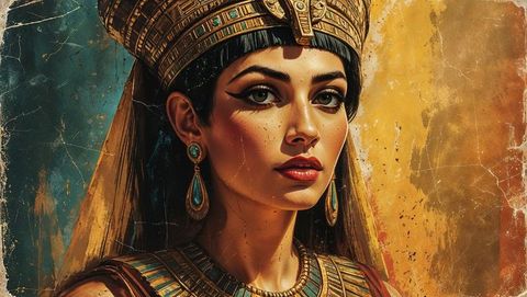 Regal queen cleopatra with gold headdress and turquoise jewelry