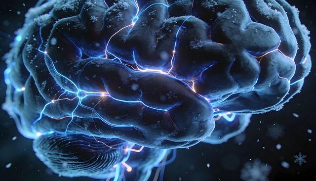 Glowing Neon Neural Circuitry on Frosted Brain Model Showing Synaptic Electrical Activity