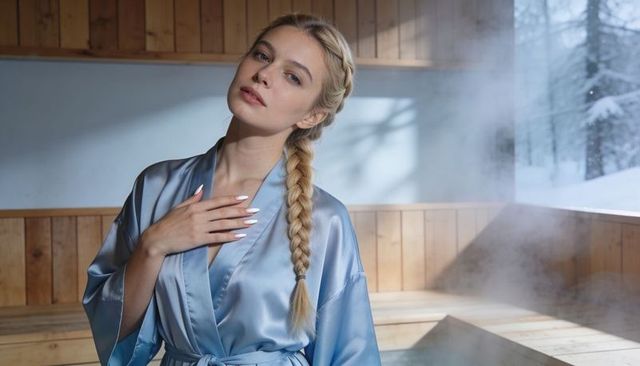 Blonde woman standing in wood sauna wearing light blue satin robe amid steam and snowy view