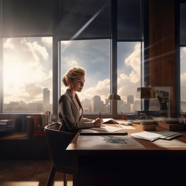 Businesswoman focussing on documents at a desk in a modern office with a cityscape and skylight view in the background. Ideal for use in articles or marketing materials about corporate culture, business environments, professional women, urban workspaces, and productivity.