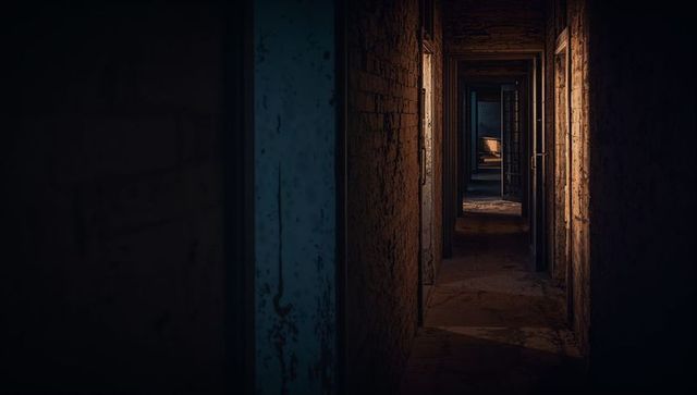 Abandoned Building Corridor with Sequential Open Door Views