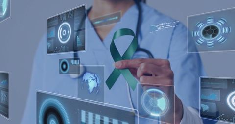Medical Professional Holding Green Awareness Ribbon in Digital Clinic