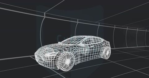 Wireframe Sedan 3D Model in Futuristic Tunnel Grid, CAD Rendering for Design Visualization