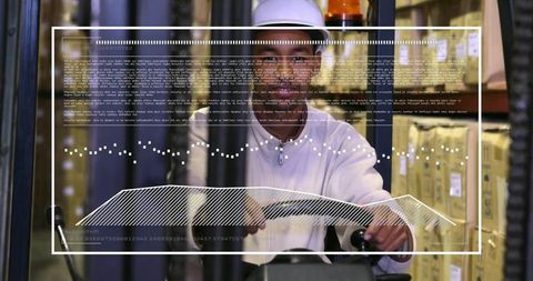 Warehouse operator navigating aisle with pallet truck and HUD overlay for logistics