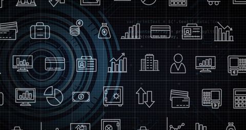 Displaying teal concentric rings with white finance icons on dark grid fintech dashboard