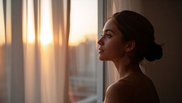 Golden hour portrait of woman gazing through window with sheer curtains and ornate earring