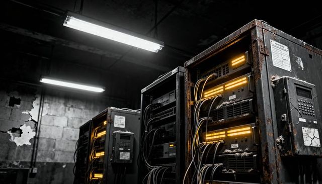Aging server racks glowing amber leds in rusty industrial basement with dust and bundled cables