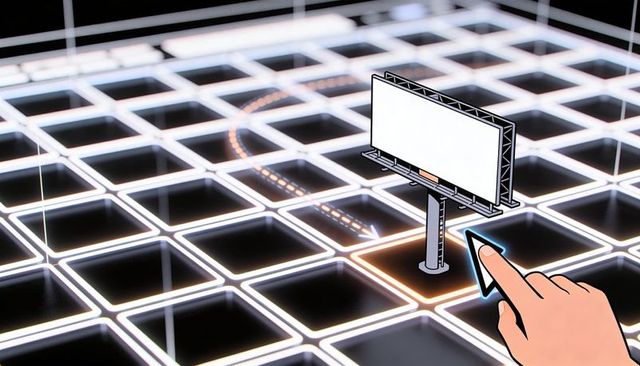 Cursor targeting digital billboard on neon grid representing targeted outdoor advertising