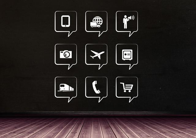 This image features various mobile app icons displayed on a black background, each within a speech bubble. Icons include a smartphone, tablet, camera, airplane, shopping cart, truck, and phone, representing different functionalities and services. Ideal for use in technology, communication, and digital marketing materials, as well as presentations and websites related to mobile applications and internet services.