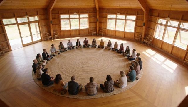 Gathering circle in rustic lodge facilitating group discussion, listening and sharing