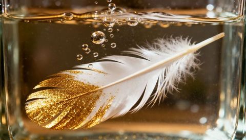 Golden Glitter Feather Floating in Water with Rising Bubbles, Macro Still Life