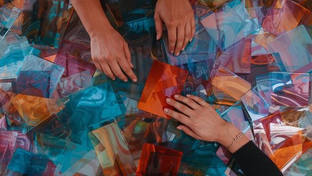 Hands selecting red translucent swatch among multicolor acrylic and acetate panels