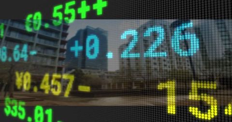 Visual blending financial and stock indicators with urban cityscape, conveying global commerce's lively intersection with technology. Useful for illustrating modern financial themes, technology articles or presentations on digital impact worldwide.