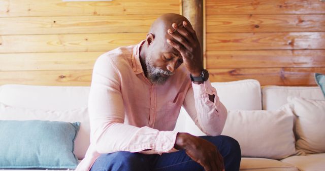 Senior african american man spending time in log cabin touching his head. Log cabin and lifestyle concept.