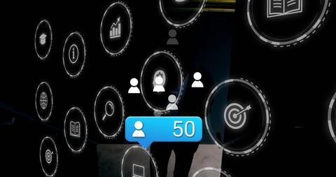Standing businessman silhouette behind glowing UI hologram with blue follower counter 50