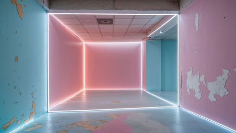Geometric neon led installation in urban industrial room