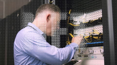 Businessman Managing Servers with Digital NFT Overlay