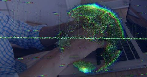 Typing hands overlaid with neon glitch globe representing cybersecurity data stream