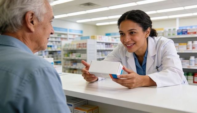 Friendly pharmacist advising senior patient over prescription box at pharmacy counter