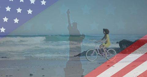 Statue of Liberty Overlay with Woman Biking on Beach Linked to USA Patriotism