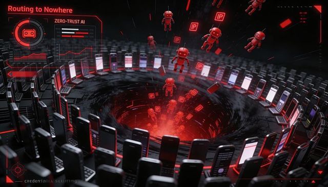Routing to nowhere: phone vortex pulling red robots and ip icons into cybersecurity black hole