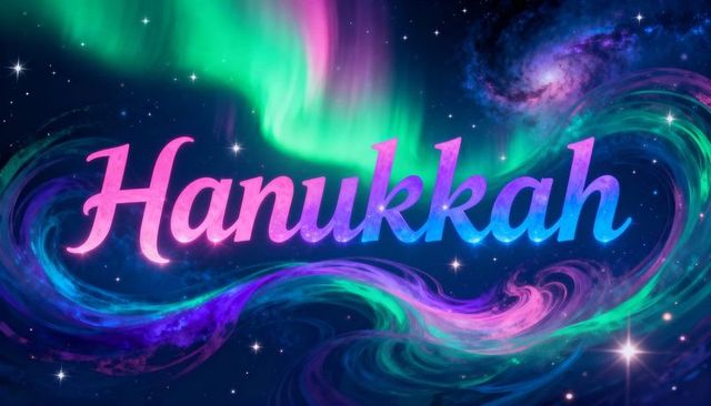 Hanukkah Cosmic Lettering with Aurora and Nebula Ribbons, Starfield Holiday Greeting