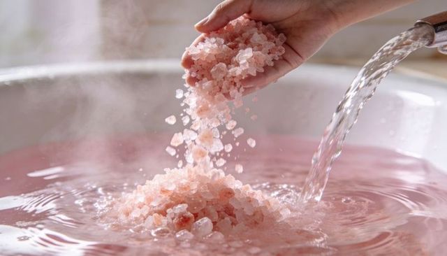 Hand pouring pink himalayan bath salt into steaming tub with running faucet