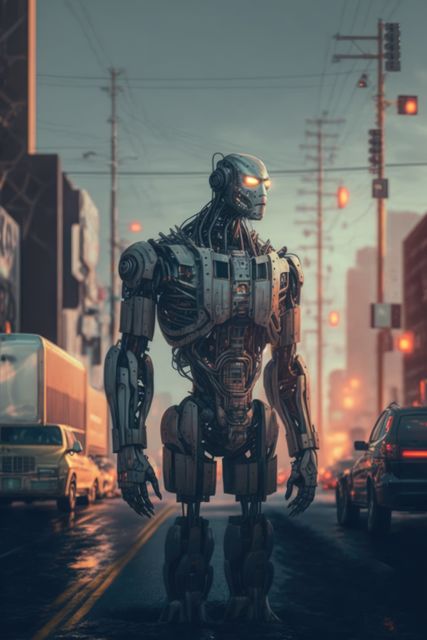 Futuristic robot standing in an urban city street during evening with glowing lights around. Depicts advanced AI technology and machinery in a sci-fi urban environment. Ideal for depicting themes of futuristic technology, AI advancements, and urban lifestyle with a futuristic twist.