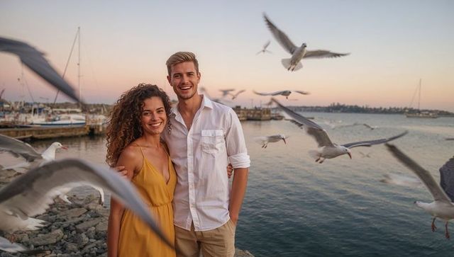 Sunset romance on rocky marina jetty with smiling couple and flying seagulls
