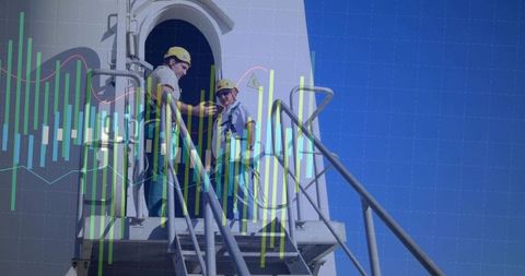 Wind turbine maintenance crew inspecting tower platform with safety gear and data overlay