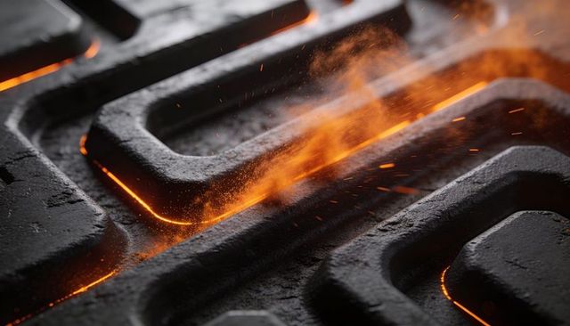 Molten Amber Glow Emitting from Cast Metal Channels with Sparks and Textured Heat