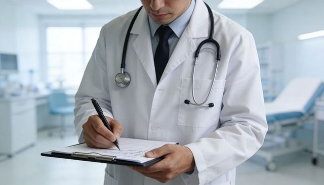 Male doctor writing patient notes on clipboard while wearing stethoscope in exam room