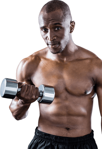 Strong athletic man exercising with dumbbell on transparent background